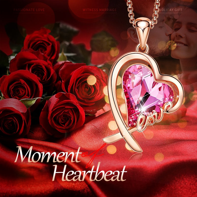 CDE Women Gold Color Love Heart Pendant Necklace with Pink Crystal Handmade Design Jewelry Promise Gifts