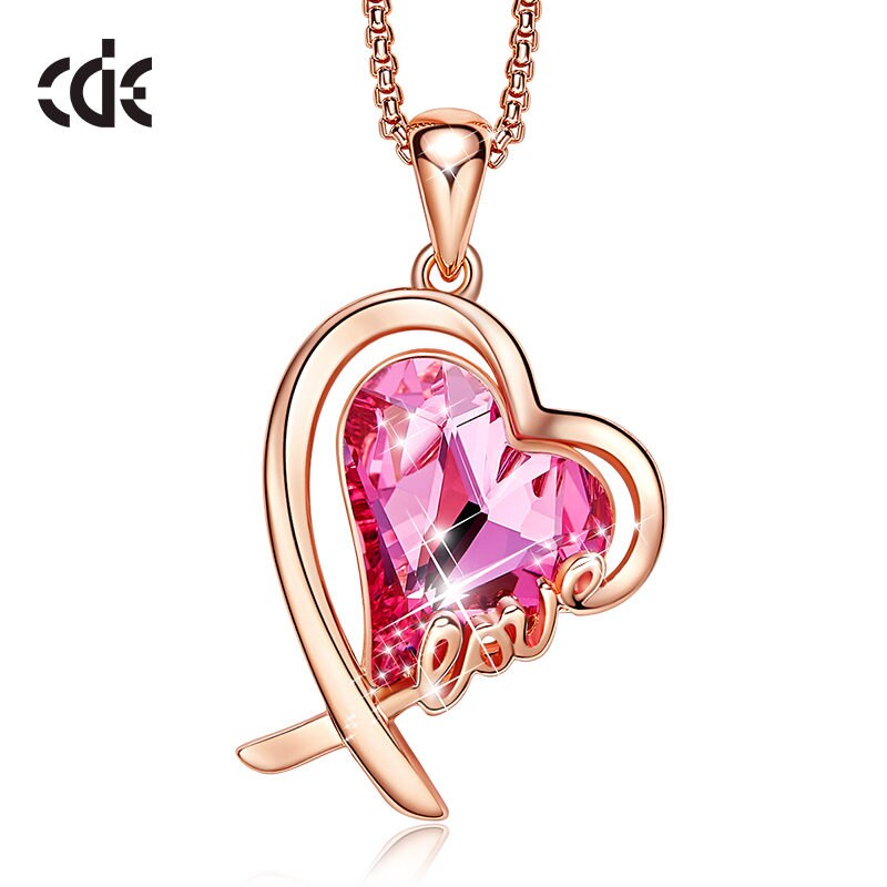 CDE Women Gold Color Love Heart Pendant Necklace with Pink Crystal Handmade Design Jewelry Promise Gifts