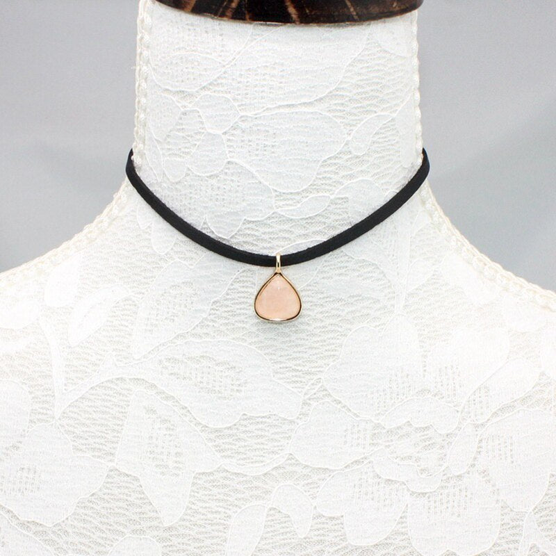 CHICVIE 2021 Women Jewelry Black Short Leather Cord Accessories Drop Shape Natural Stone Charm Pendant Chain Necklaces SNE170057