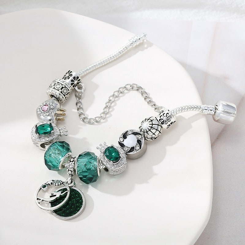 CHIELOYS 2022 Crystal Brand Charm Bracelets &amp; Bangles For Women DIY Silver Color Charm Pulsera Green Bracelets