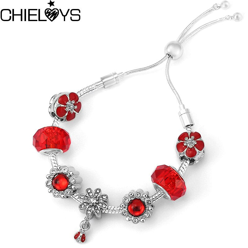 CHIELOYS  Crystal Red Flower Beads Charm Bracelet With Adjustable Chain Bracelets Bangles For Women DIY Jewelry Gift