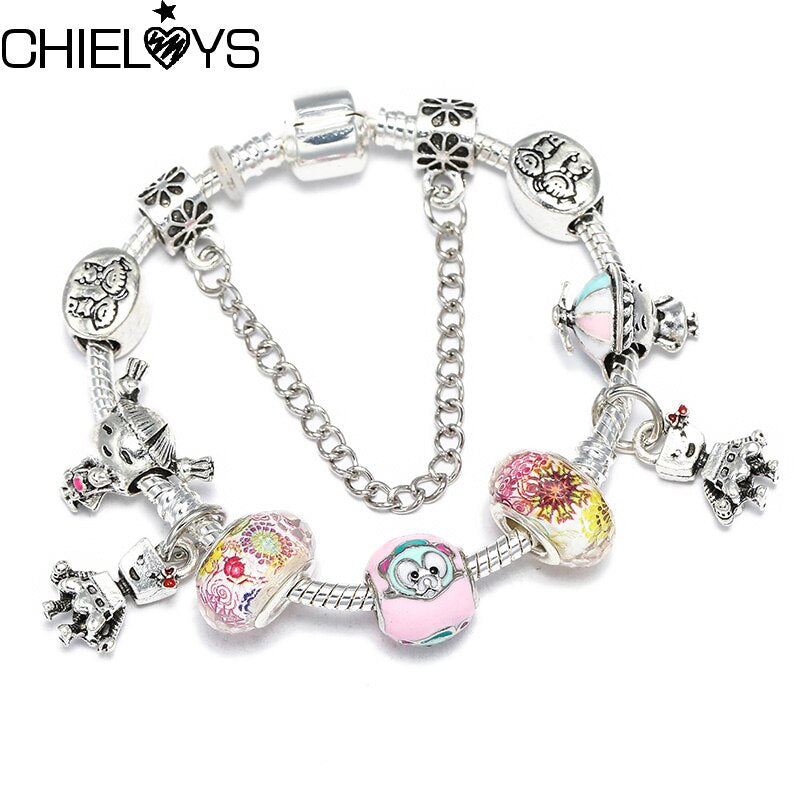 CHIELOYS Trendy Pink Crystal Bead Brand Charm Bracelet With Safety Chain Bracelet & Bangle for Women DIY Jewelry