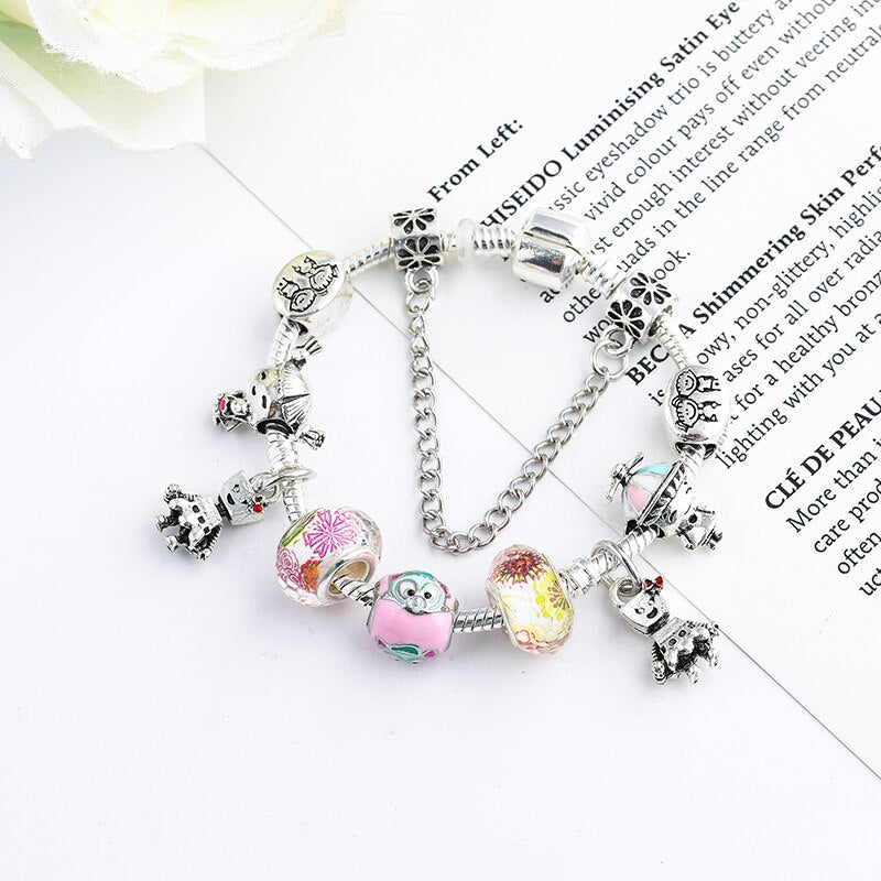 CHIELOYS Trendy Pink Crystal Bead Brand Charm Bracelet With Safety Chain Bracelet &amp; Bangle for Women DIY Jewelry
