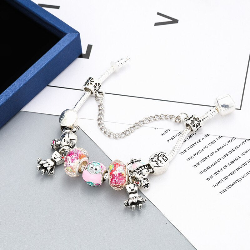 CHIELOYS Trendy Pink Crystal Bead Brand Charm Bracelet With Safety Chain Bracelet &amp; Bangle for Women DIY Jewelry