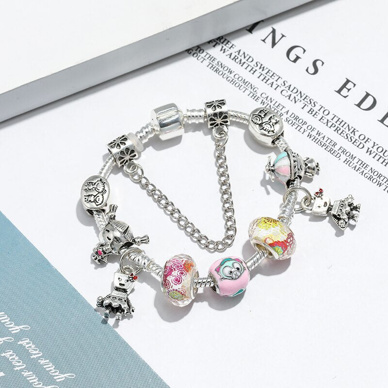 CHIELOYS Trendy Pink Crystal Bead Brand Charm Bracelet With Safety Chain Bracelet &amp; Bangle for Women DIY Jewelry
