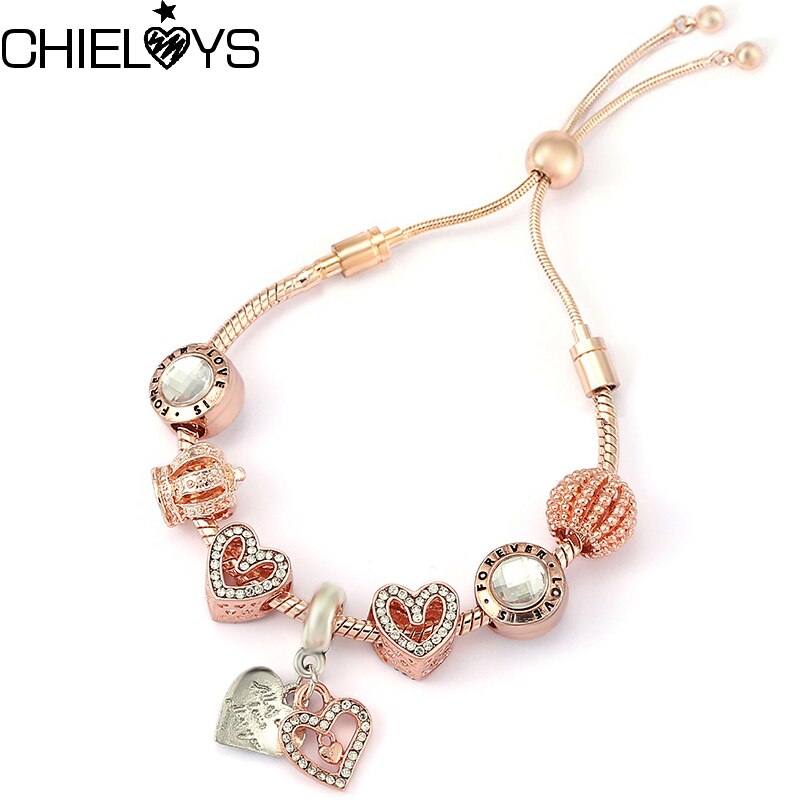 CHIELOYS Silver Plated Forever Love Beads Charm Bracelets With Adjustable Chain Bracelets Bangles For Women Lover Jewelry Gift