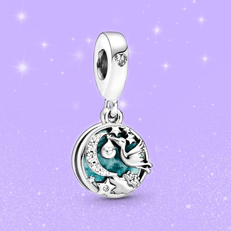 CHILOYS 2Pcs/Lot Silver Plated Stork & Twinkling Stars Dangle Charm fit Original Brand Charm Bracelet Silver Color Jewelry Gift