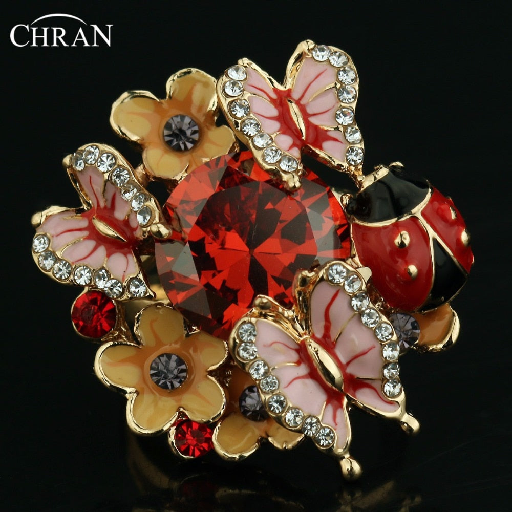 Gold Color Ladybug Designer Zircon Jewelry Rings Wholesale Crystal Enamel Butterfly Pattern Flower Rings For Women