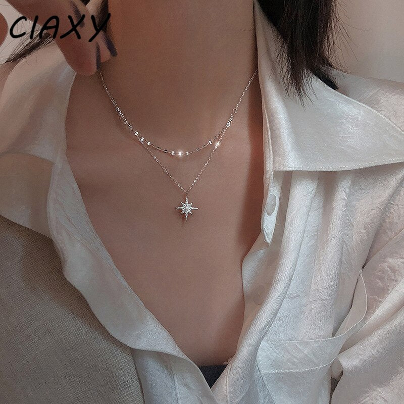 CIAXY 925 Sterling Silver Stars and Moon Inlaid Zircon Necklace Women Double-layer Clavicle Chain Choker Necklace  Jewelry