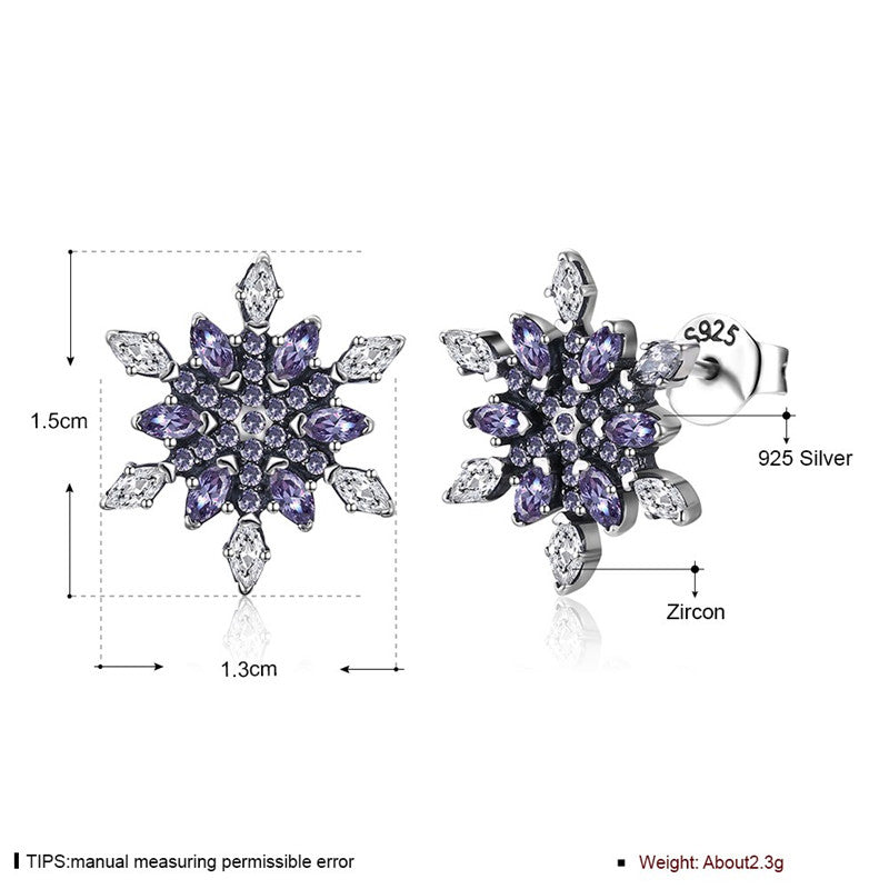 100% Real 925 Sterling Silver AAA+ Zircon Snowflake Stud Earrings For Women Brand Fine Jewelry Gift CWE008
