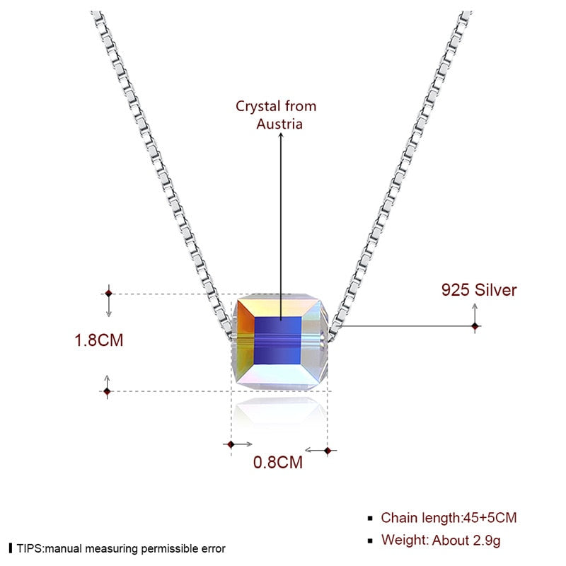 925 Sterling Silver Chain Necklace Crystal from Austria Square Shaped Pendant Necklace Valentine's D Gift CWN047