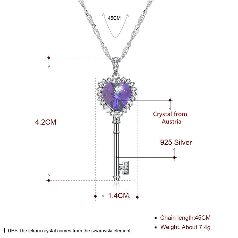 Crystals From Austria Blue Purple Heart Key Pendant Necklaces Real 925 Silver Fine Jewelry For Women CWN057