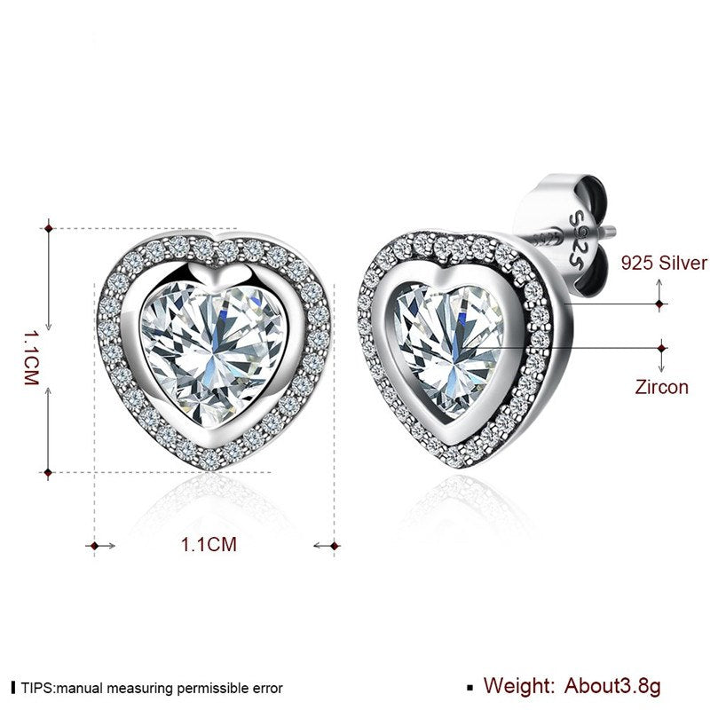 Fine Jewelry 925 Sterling Silver Stud Earrings Classic Heart Paved AAA+ Zircon Earrings Gifts For Women CWE039