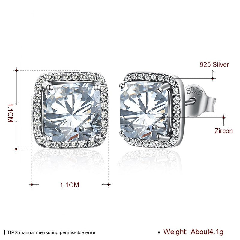 Fine Jewelry 925 Sterling Silver Stud Earrings Square style With 8mm Big AAA+ Zircon Earrings Gifts For Women CWE015