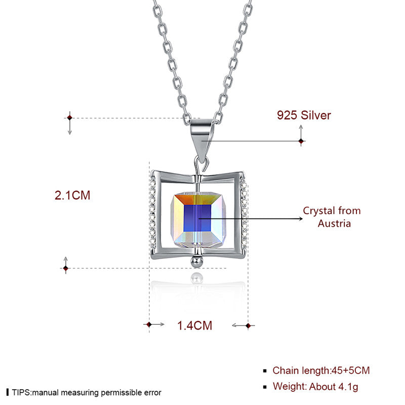 Fine Jewelry 925 Sterling Silver Women Necklace Classic Christmas Rotatable Square Crystal Pendant Necklace CWN042