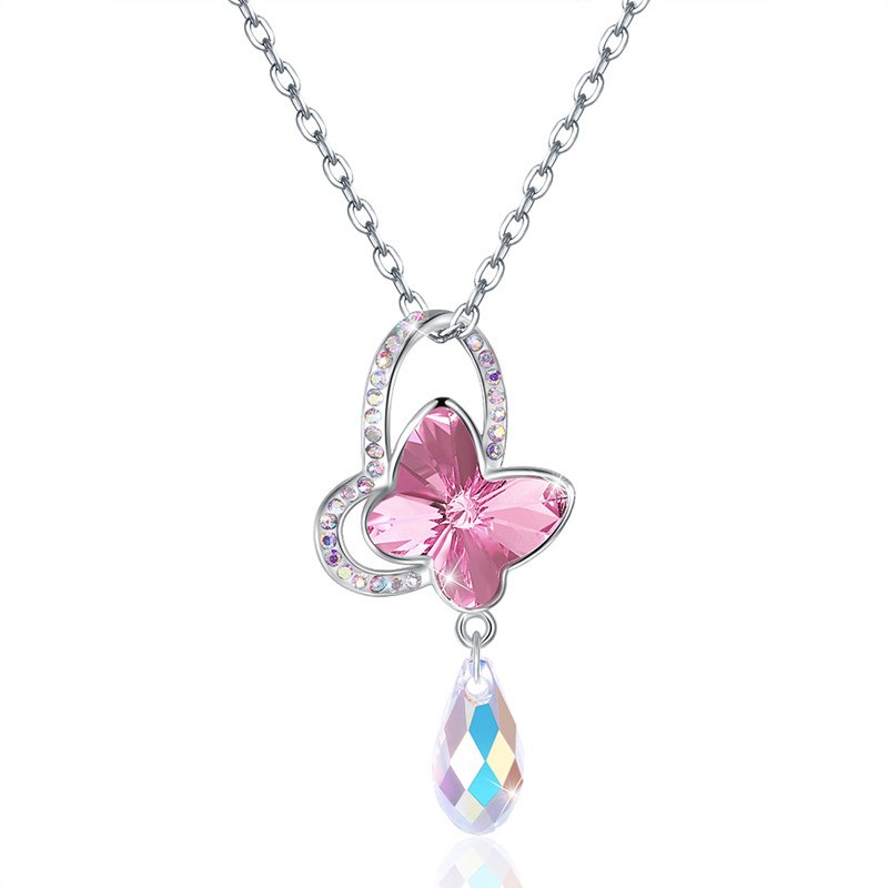 Fine Jewelry Women Necklace Crystal from Austria Pink Butterfly Shaped Pendant Necklace For Women CWN054