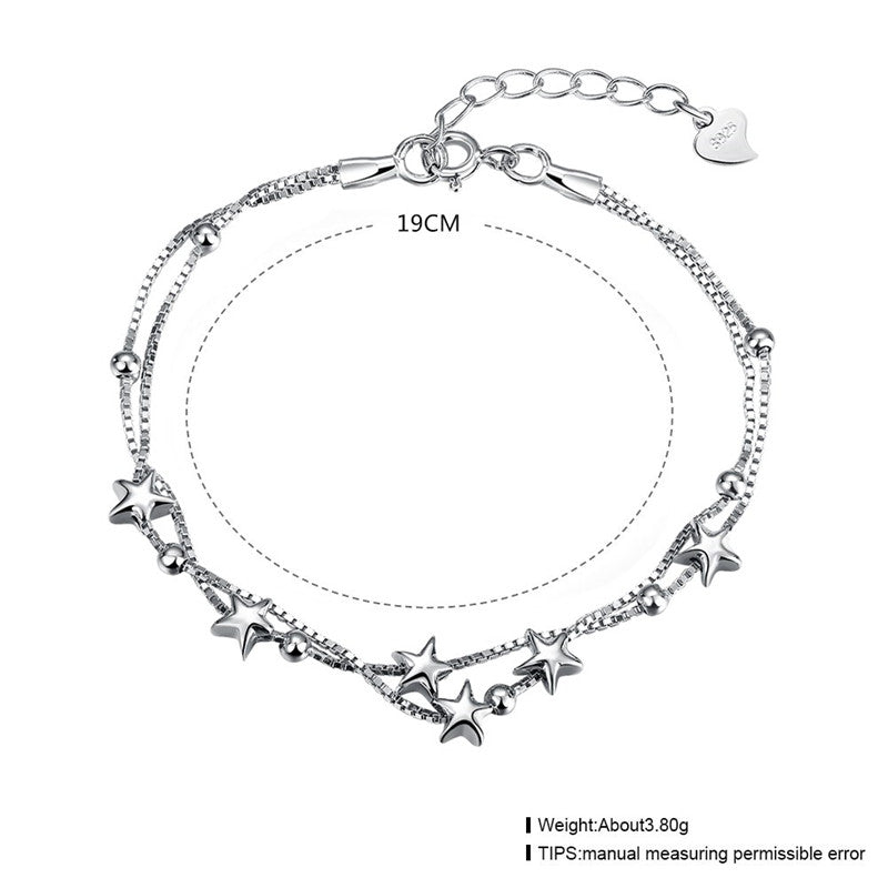 New Fine 925 Sterling Silver Bracelets Romantic Stars Double layer Lady Party Bracelet For Women Jewelry CWB050