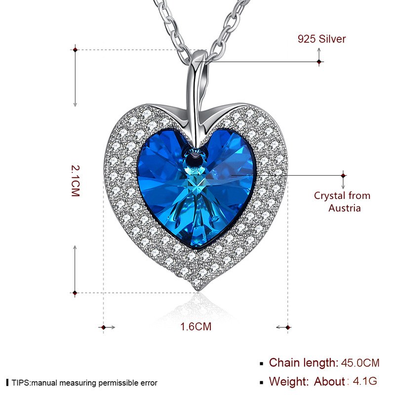 New Fine 925 Sterling Silver Women Necklace Austria Crysta Heart Shpe With AAA+ Zircon Pendant Necklace CWN050