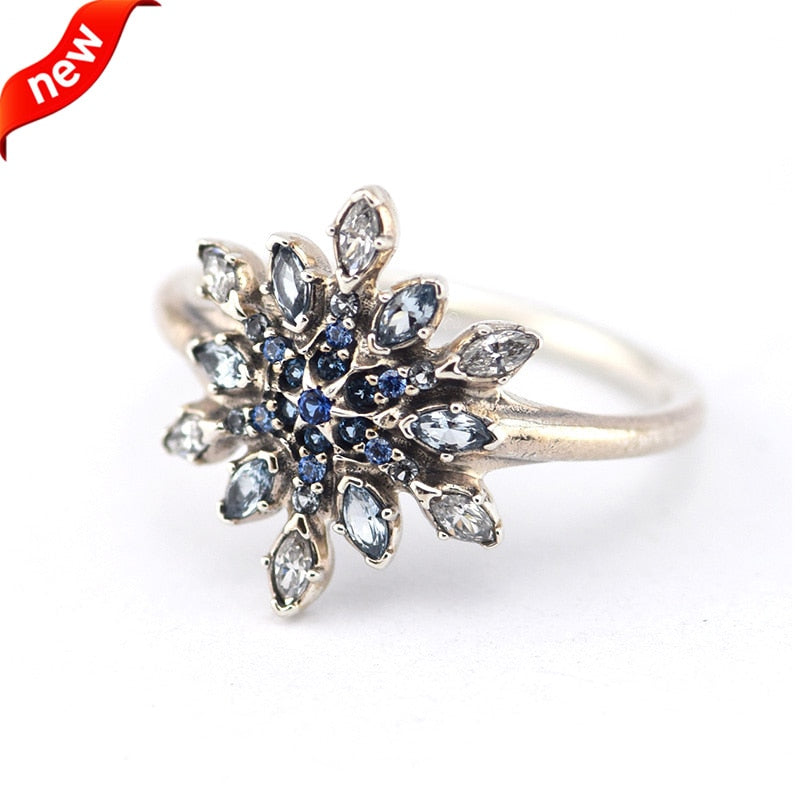 925 Sterling Silver Crystalized Snowflake, Blue Crystals Rings For Women Original Jewelry DIY Making