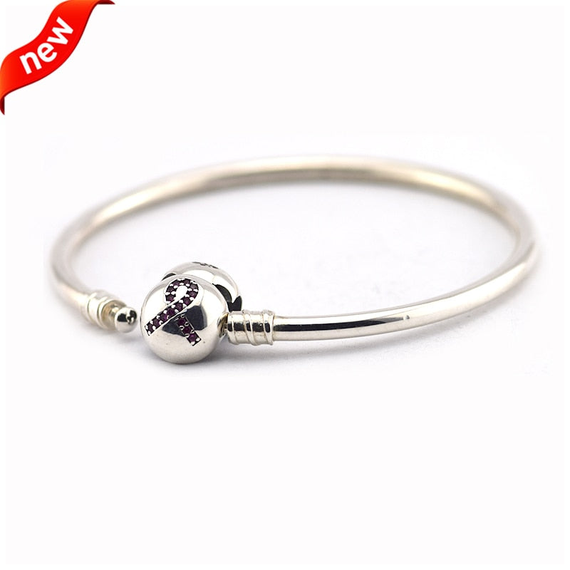 925 Sterling Silver Pink Ribbon Clasp Bangle Original Fashion Jewelry Making Fits For Beads & Charms