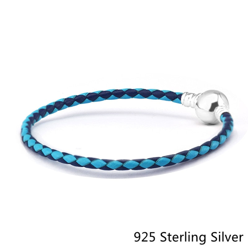Authentic 925 Sterling Silver Leather Bracelets Jewelry Mixed Blue Woven Double For European Beads And Charms