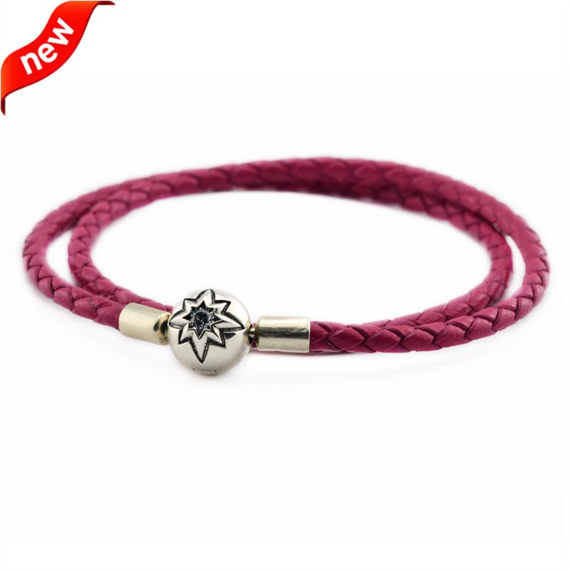 Genuine 925 Silver Jewelry Bracelets for Women DIY Jewelry Rose Leather Bracelet with Starry Sky Clasp Fits Beads Charm