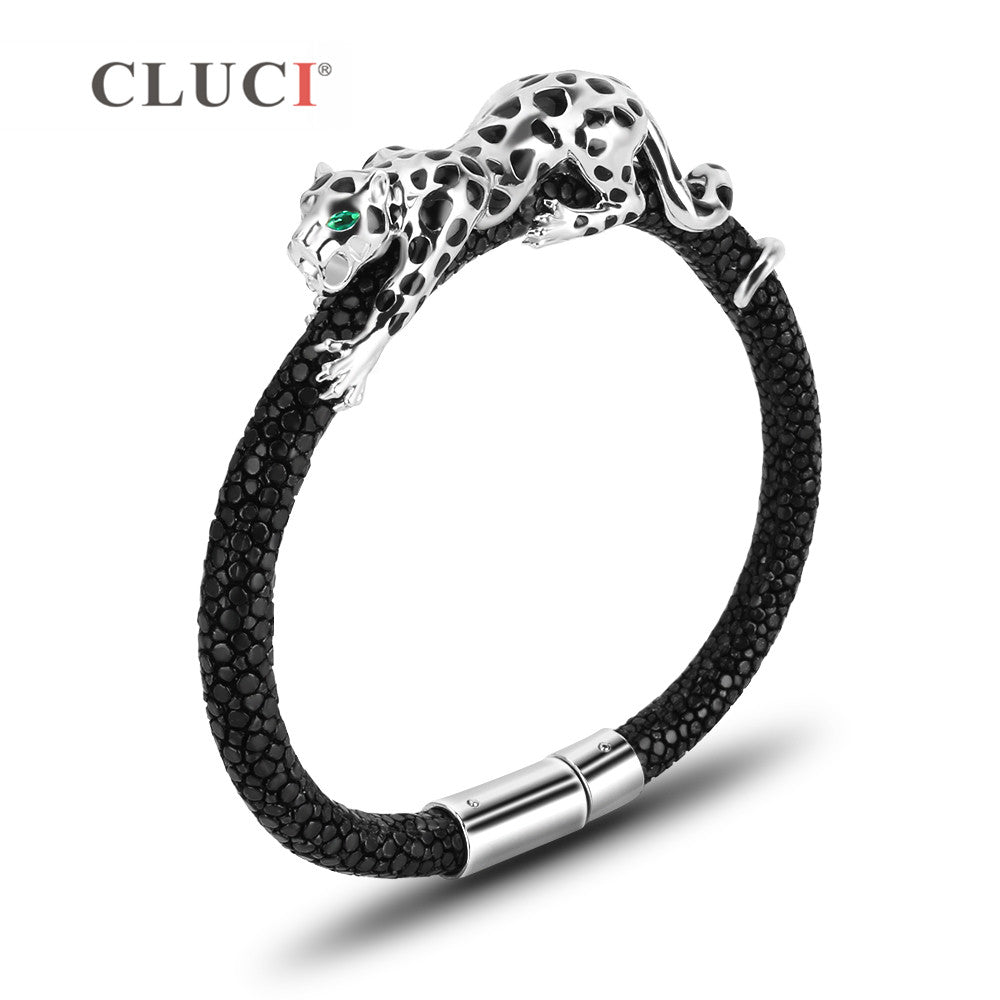 925 Sterling Silver leopard Bracelet with magnetic buckle Extraordinary Father's D Gift, 4 colors, real leather for men