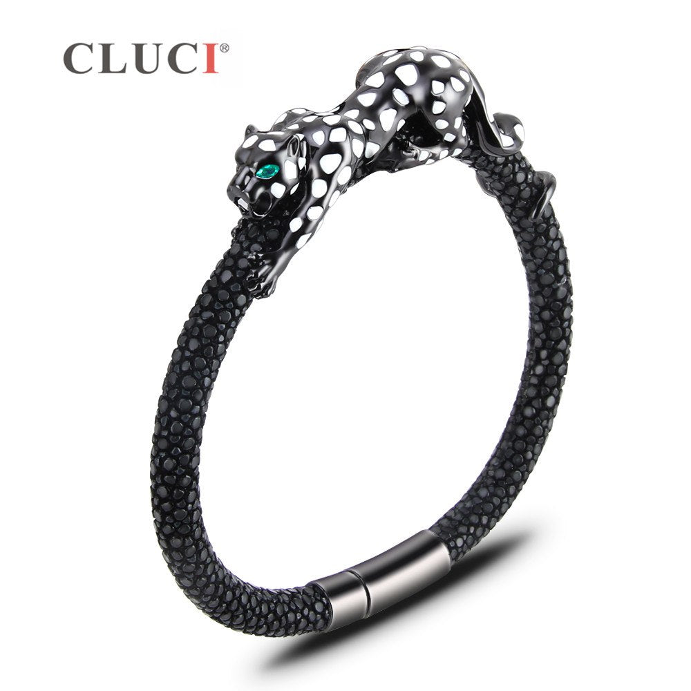 925 Sterling Silver leopard Bracelet with magnetic buckle Father's D Gift Real Leather Bracelet Statement Party Jewelry