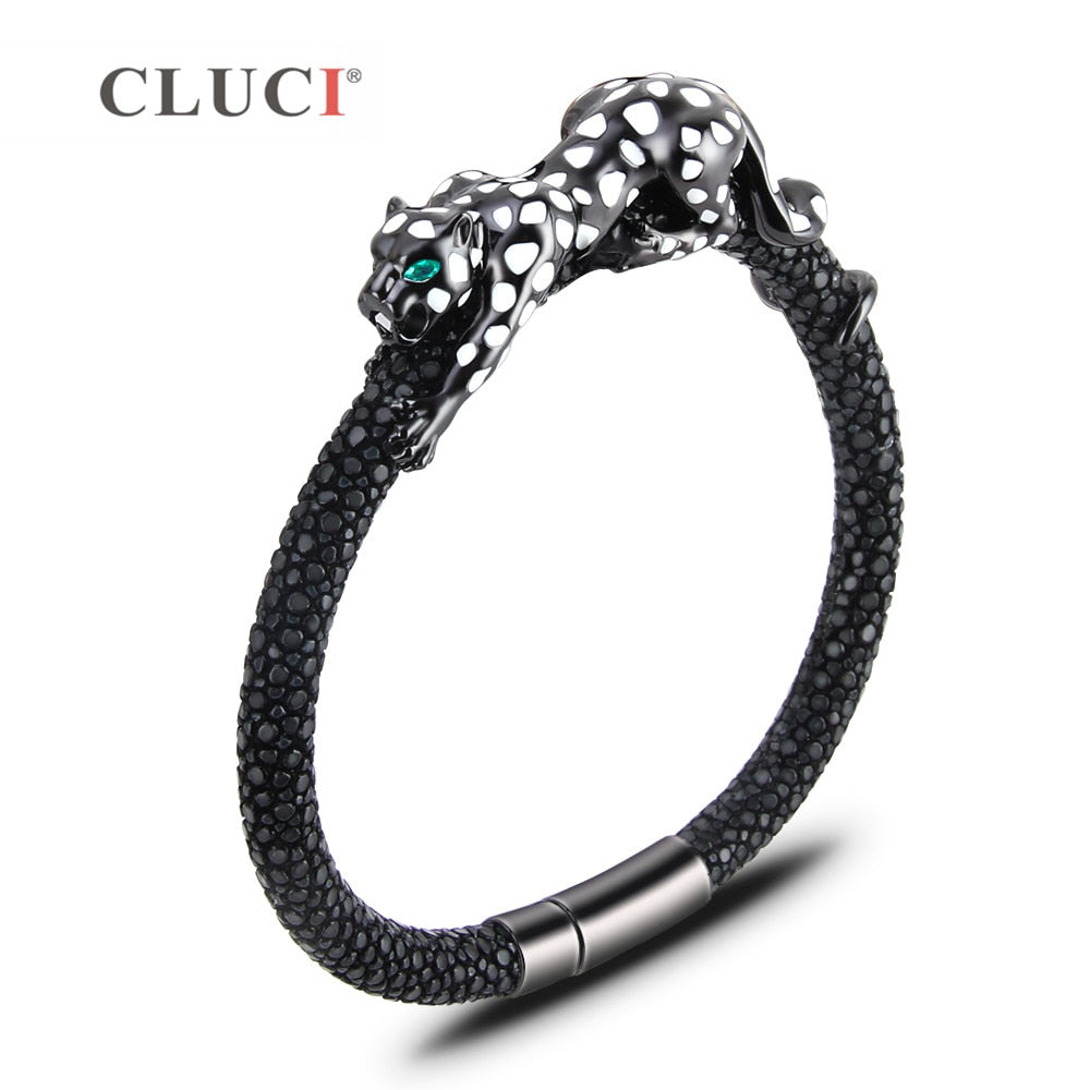 925 Sterling Silver leopard Bracelet with magnetic buckle Father's D Gift Real Leather Bracelet Statement Party Jewelry