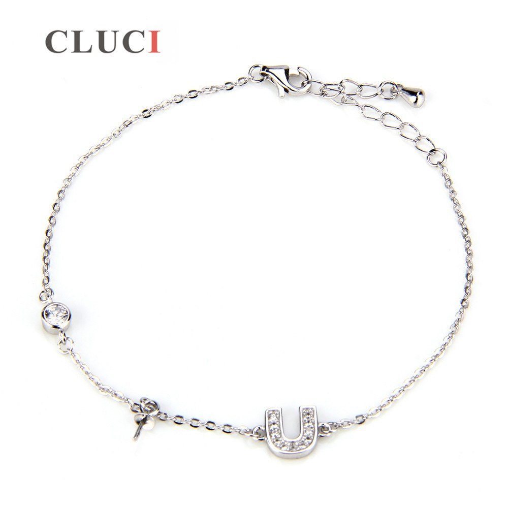 925 sterling silver pearls bracelet accessory letter U design, Romantic Vintage Bracelets Letter Pendant Zirconia Bracelet