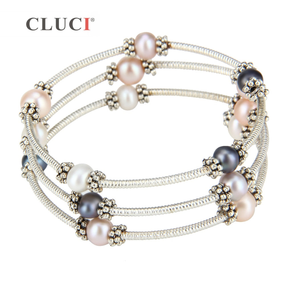 Bracelets&Bangle fashion white, pink, purple pearls bracelet adjustable silver plated multi rows wire wrap bracelet