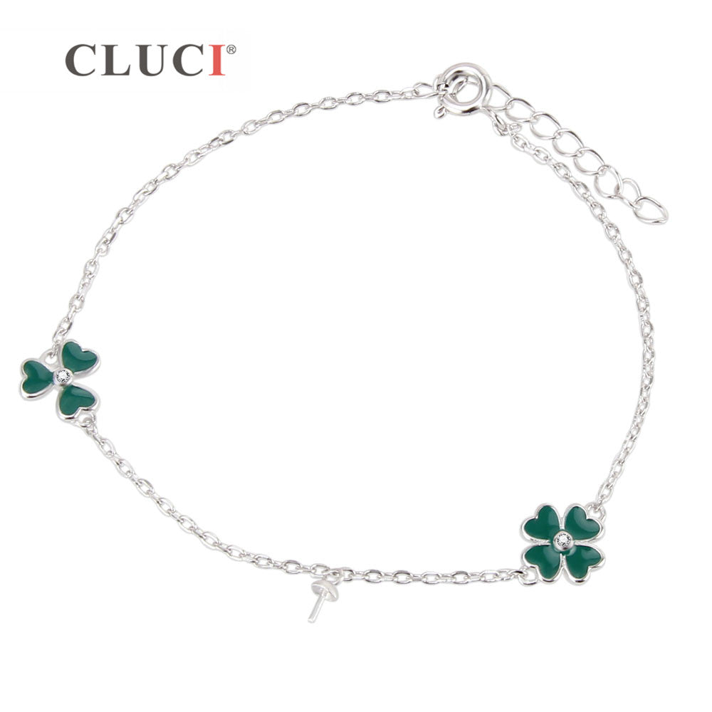 Fashion Jewelry Authentic 925 Sterling Silver Jewelry Finding to stick pearl Crystal Four Leaf Clover Heart Charm Bracelet