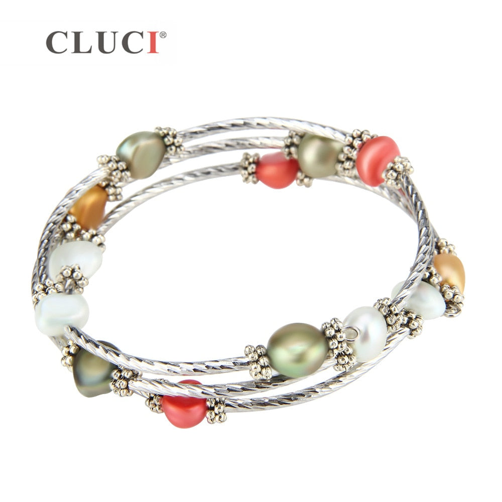colorful 6-7mm pearls wire wrap bracelet adjustable silver plated bracelet jewelry for women party jewelry