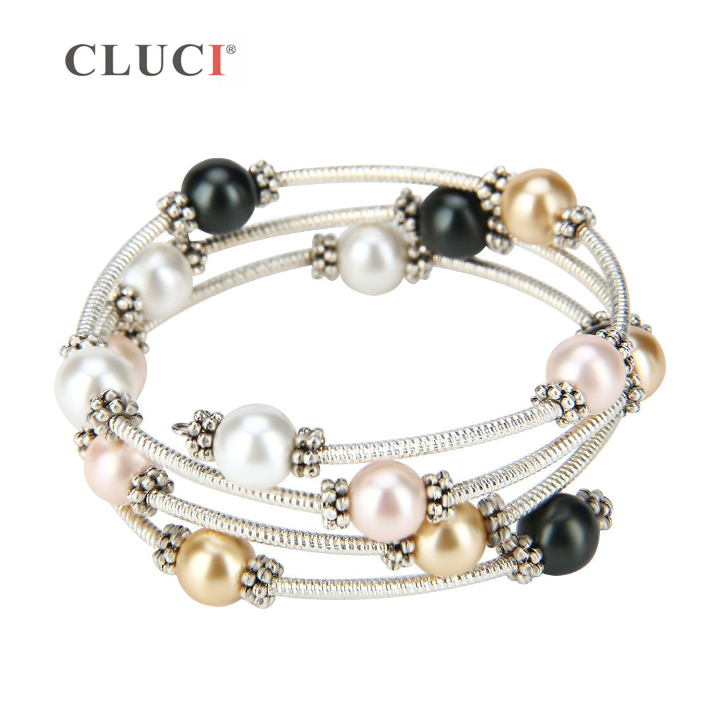 fine women jewelry gift adjustable silver plated wire wrap bracelet with four colors pearls simple and elegant styles