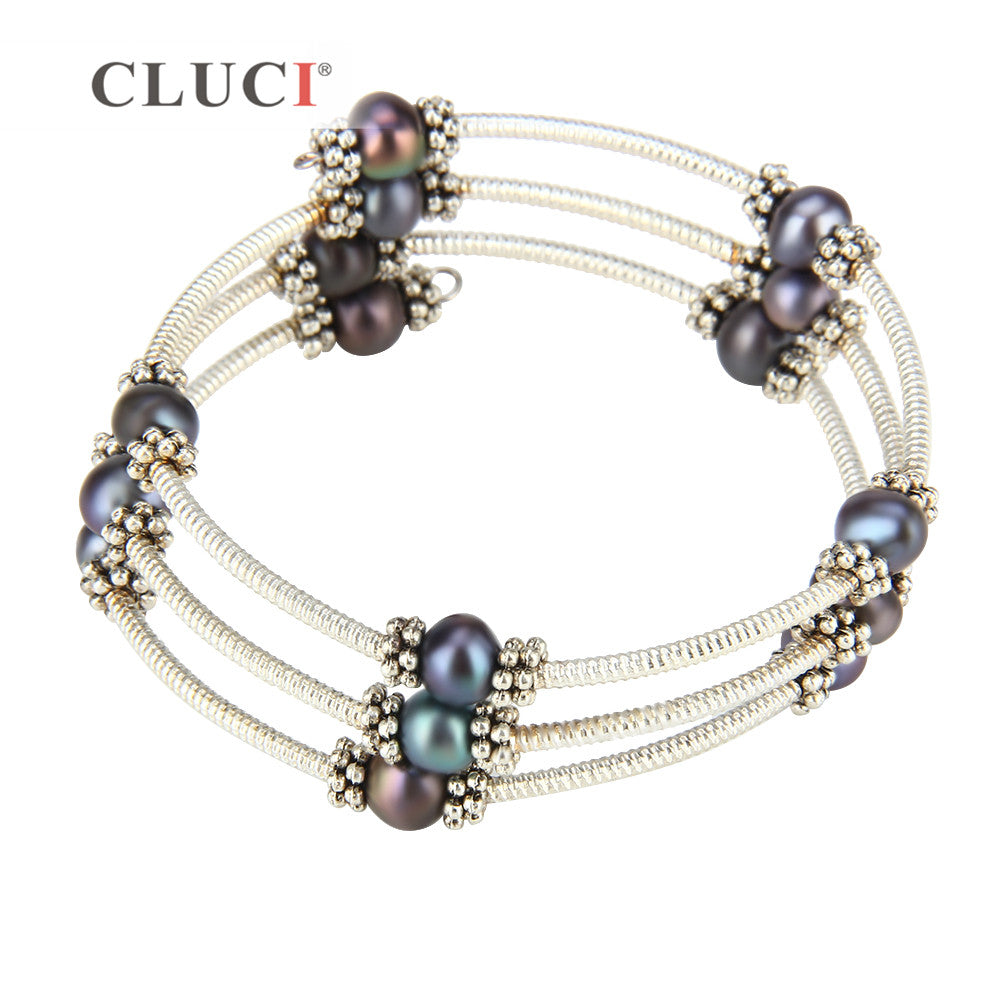 hand jewelry adjustable silver plated wire wrap bracelet with purple color pearls multilayer Bracelets & Bangles For Women