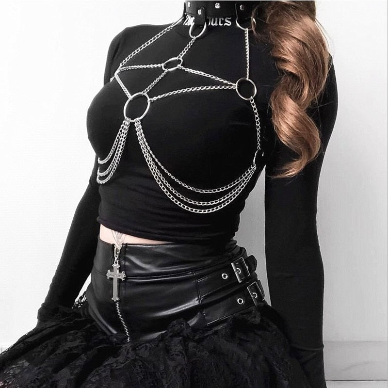 COLEMJE Sexy Chain Bra Goth Punk Rock Leather Belt Chain Club Festival Jewelry Outifit Party Accessoriess For Women