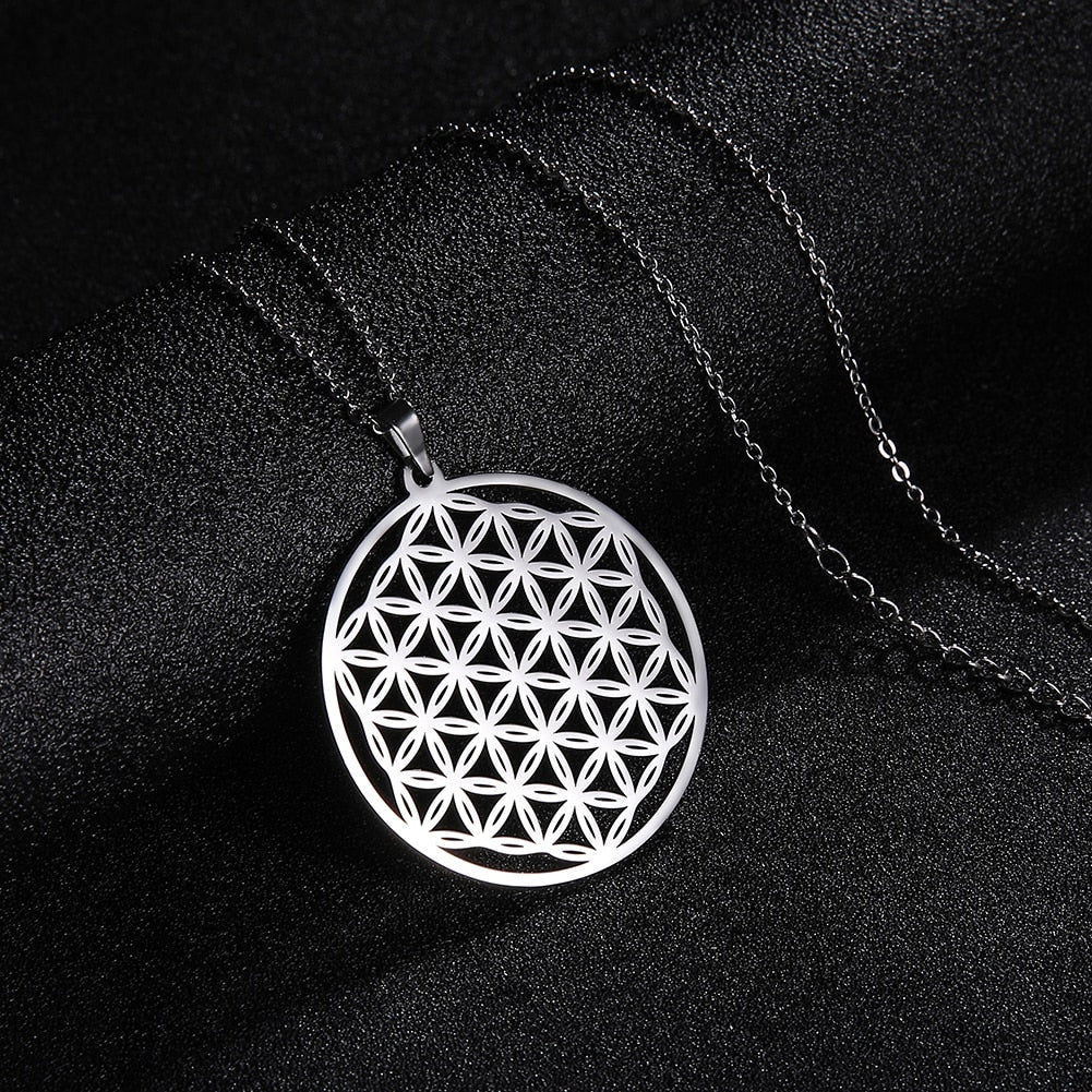 COOLTIME Hollow Flower of Life Geometric Chain Necklace for Women Valentines Day Gift Stainless Steel Jewelry Pendant Necklace