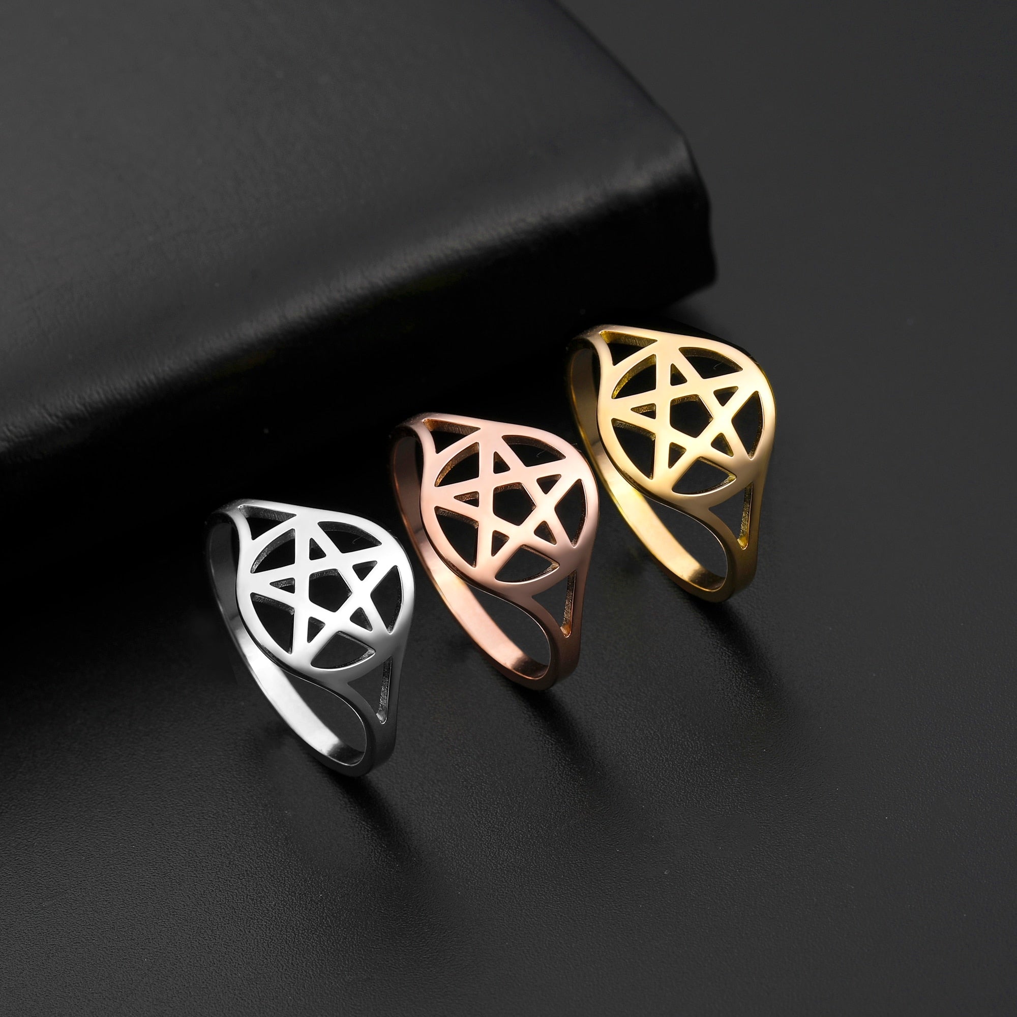 COOLTIME Pagan Symbol Pentagram Ring for Men Women Silver Color Stainless Steel Star Rings Engagement Wedding Gift Jewelry Win