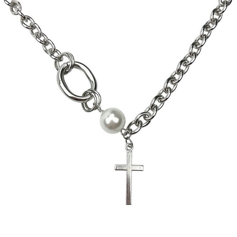 COSYOO Pearl Cross Necklace Female Niche Design European And American Street Clavicle Chain