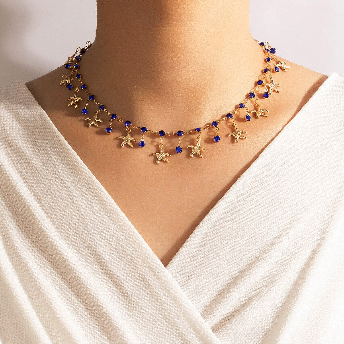 COWBREAD Imitation Gems Necklace for Women Starfish Choker Chain Necklace Women's Neck Chain Jewelry