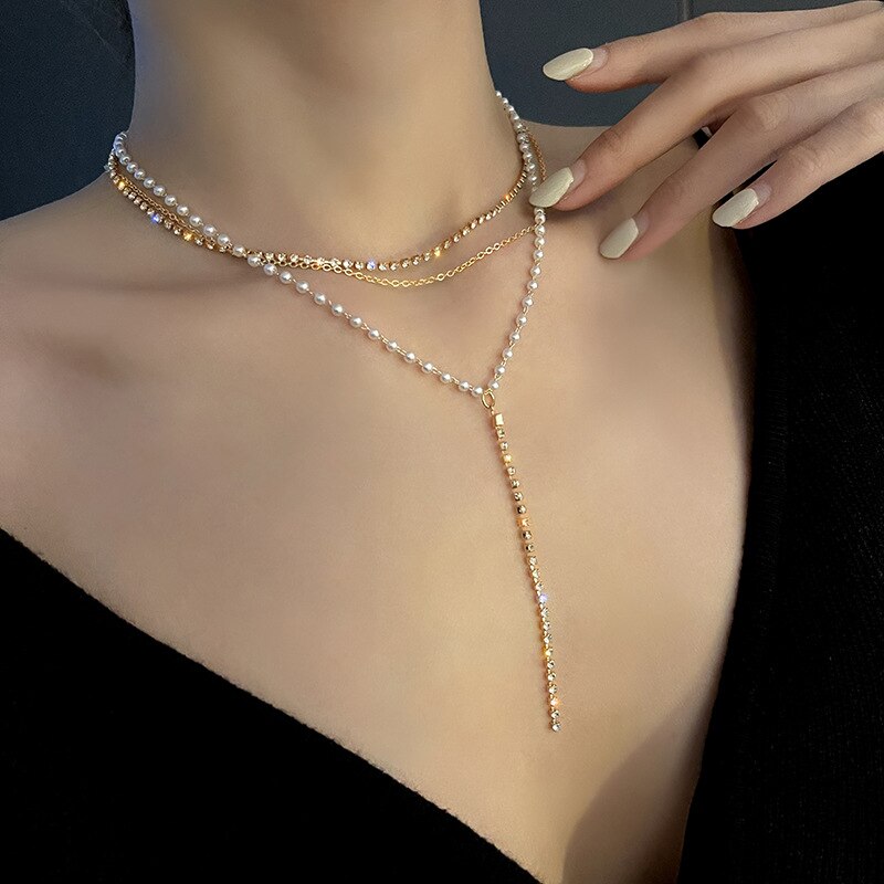 COWBREAD Multi-layer Necklace for Women Flashing Diamond  Necklace Y-shaped pearl Clavicle Chain Neck Women's Jewelry