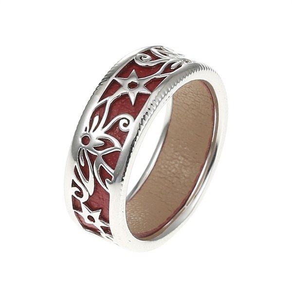 Flower Silver Leather Bague Hollow Carved Flower Interchange Cuir Rings For Women Pure 925 Sterling Silver Ring Reverse