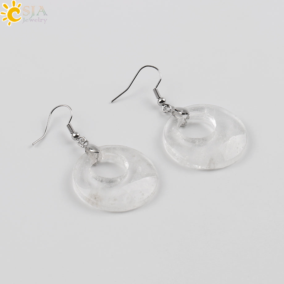 CSJA 19 Colors Ethnic Natural Onyx Crystal Stone Women Jewelry Earrings Hollow Round Tiger Eye Drop Pendant Dangle Earring E499