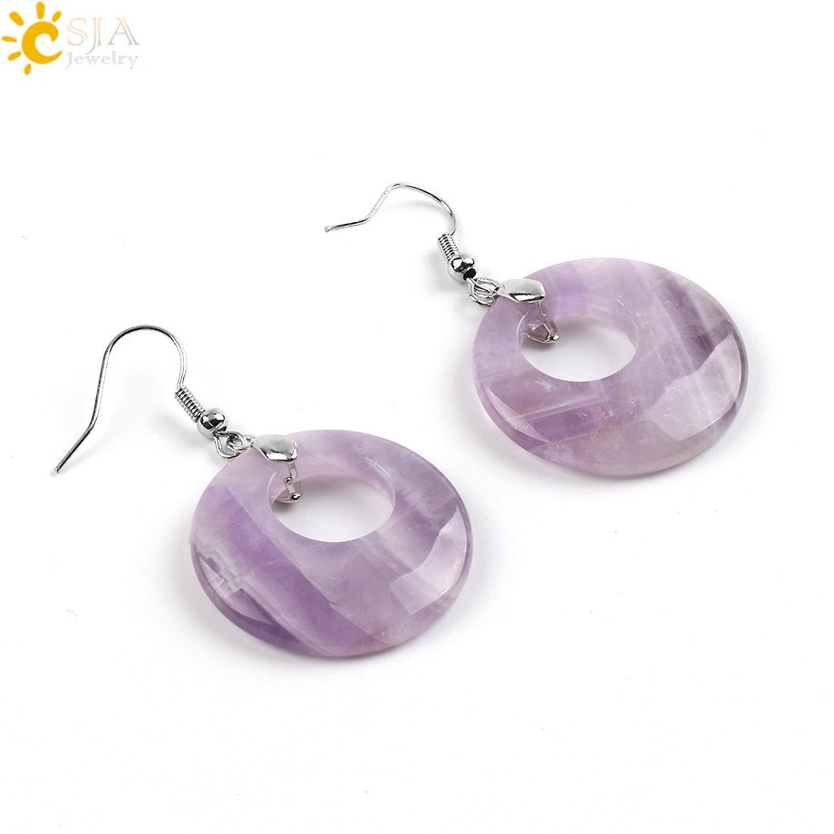 CSJA 19 Colors Ethnic Natural Onyx Crystal Stone Women Jewelry Earrings Hollow Round Tiger Eye Drop Pendant Dangle Earring E499