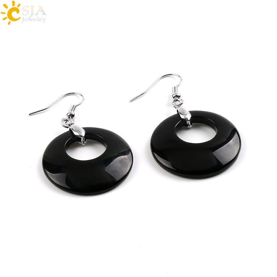 CSJA 19 Colors Ethnic Natural Onyx Crystal Stone Women Jewelry Earrings Hollow Round Tiger Eye Drop Pendant Dangle Earring E499