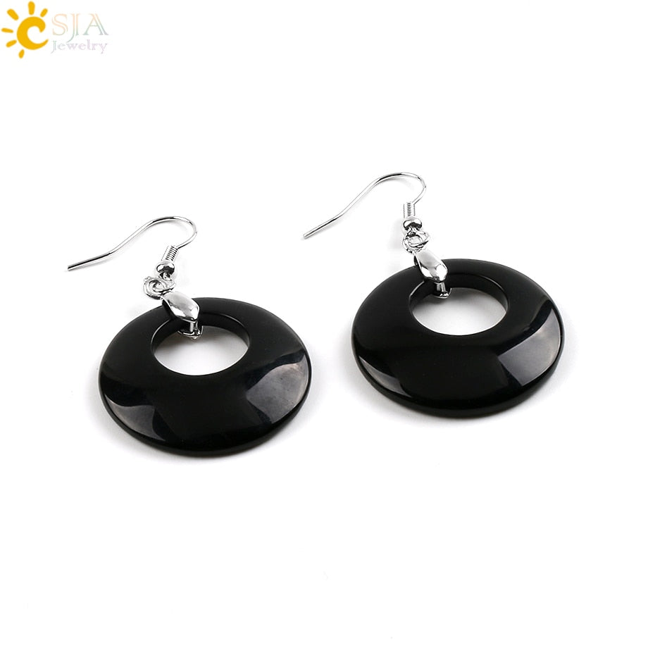 CSJA 19 Colors Ethnic Natural Onyx Crystal Stone Women Jewelry Earrings Hollow Round Tiger Eye Drop Pendant Dangle Earring E499