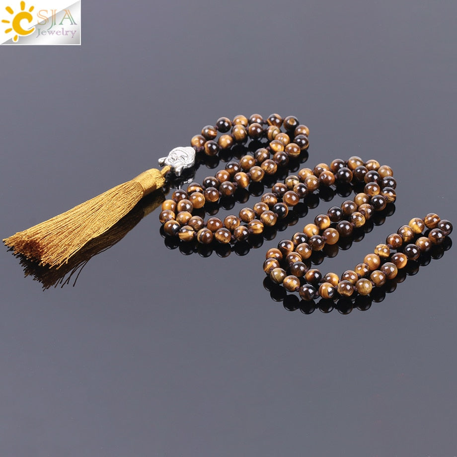 CSJA 2021 Natural Gem Stone Tiger Eye Charm Necklace for Men 6mm 108 Beads Reiki Buddha Champagne Tassel Ethnic Jewellery F139