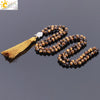 CSJA 2021 Natural Gem Stone Tiger Eye Charm Necklace for Men 6mm 108 Beads Reiki Buddha Champagne Tassel Ethnic Jewellery F139