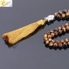 CSJA 2021 Natural Gem Stone Tiger Eye Charm Necklace for Men 6mm 108 Beads Reiki Buddha Champagne Tassel Ethnic Jewellery F139