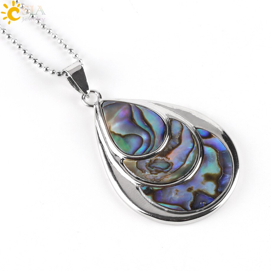 CSJA 3 Layers Water Drop Natural Raw Color Zealand Abalone Paua Shell Pendants Necklaces for Women Christmas Jewelry E468